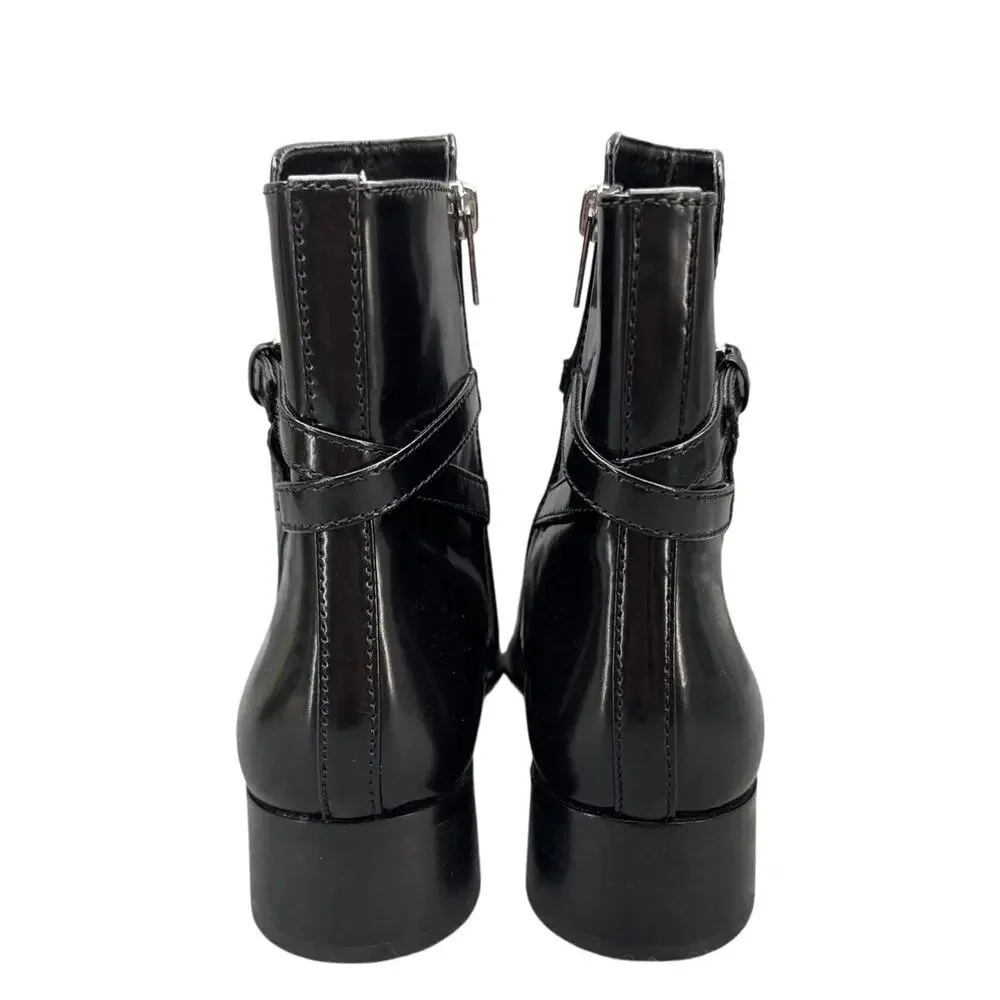 Ann Taylor Black Patent Leather Side Zip Wraparound Buckle Ankle Boot Women 10